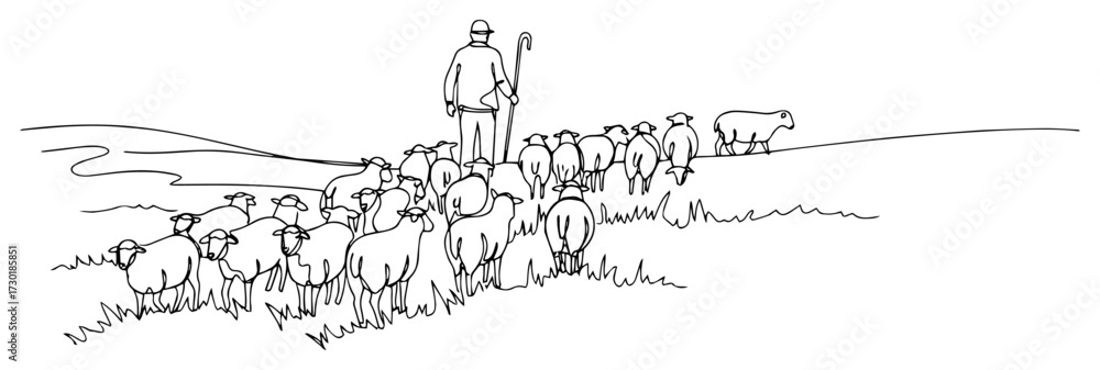 Obraz premium Continuous One Line Drawing of a Shepherd Herding His Flock of Sheep