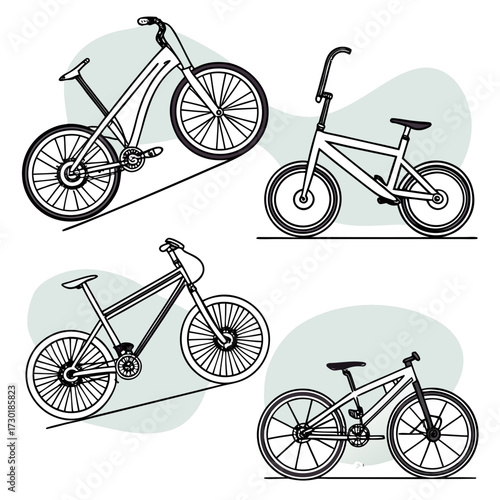 A collection of four distinct bicycle illustrations in a clean line art style with subtle pastel background shapes showcasing different bike types and perspectives for versatile design use