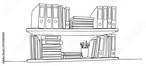 Single Line Drawing of an Office Bookshelf with Binders and Folders