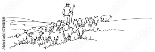 Continuous One Line Drawing of a Shepherd Herding His Flock of Sheep