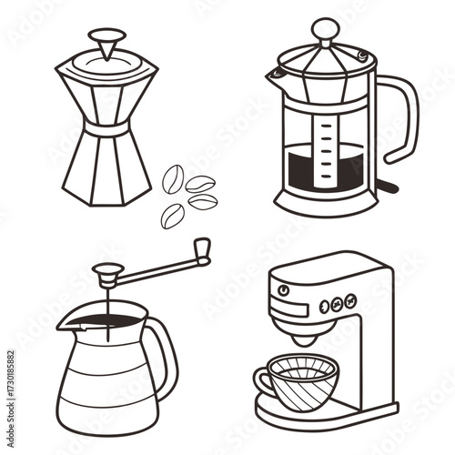A collection of four distinct coffee brewing devices including a moka pot french press pour over coffee maker and a drip coffee machine presented in a clean line art style