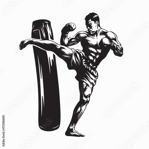 Martial Arts Fighter Training with Kick on Punching Bag Vector Isolated on White Background