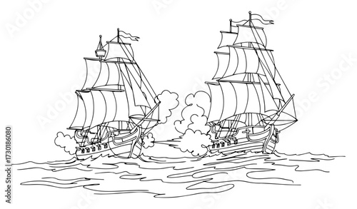 Historic Naval Battle Between Two Old Sailing Ships