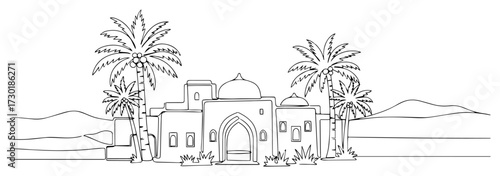 Traditional Arabic Building in a Desert Oasis One Line Art