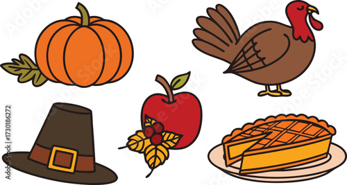 Thanksgiving Cartoon icons – Pumpkin, Turkey, Apple, Pilgrim Hat, and Pumpkin Pie