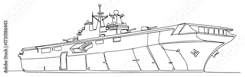 Modern Aircraft Carrier Warship in a Single Line Drawing Style