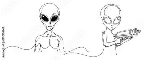 Classic Grey Alien with a Ray Gun in Continuous Line Style