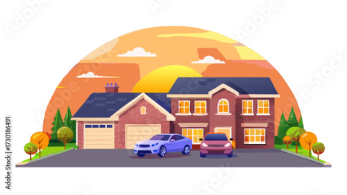 Illustration of a two story house with two cars parked in the driveway at sunset with trees around it