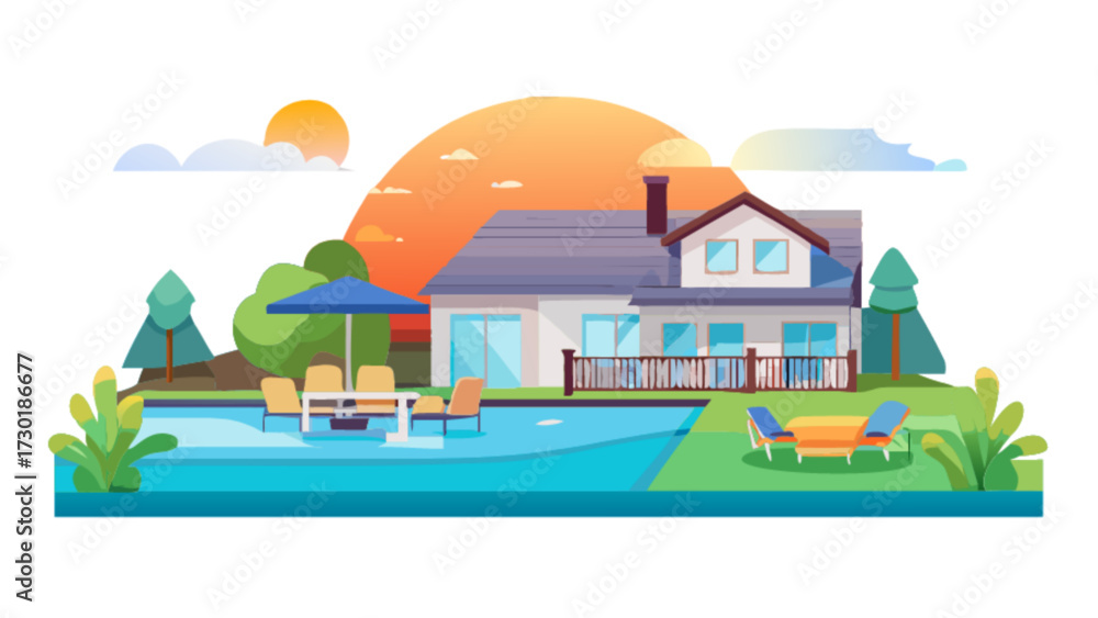 Naklejka premium Illustration of a house with a pool, trees, and outdoor furniture in a sunny landscape scene