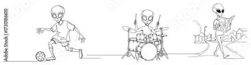 Alien Life Set Playing Soccer Drums and Reading a Newspaper