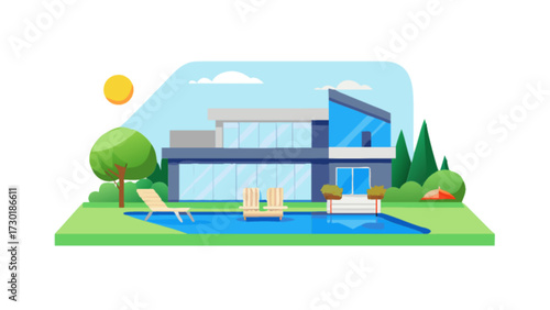 Illustration of a modern house with a swimming pool and lawn on a sunny day with clouds in the sky