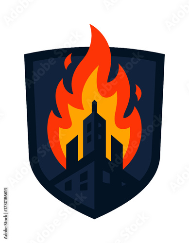 Burning City Skyscraper Shield Fire flames Building destruction