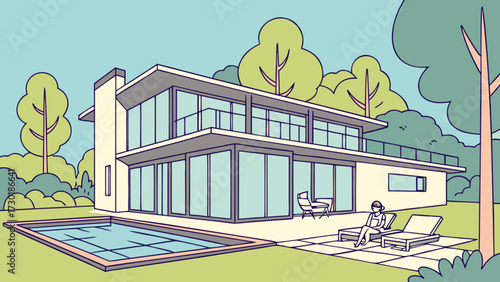 Illustration of a modern house with a swimming pool and a woman relaxing on a lounge chair outside