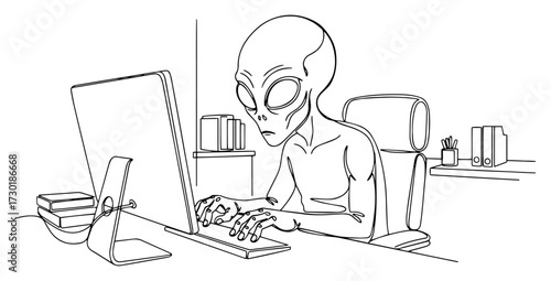 One Line Art of an Alien Working on a Computer in an Office