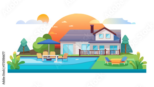Illustration of a house with a pool, trees, and outdoor furniture in a sunny landscape scene