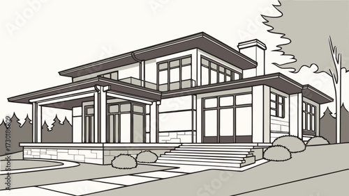 Illustration of a modern two story house with large windows and a covered porch in a landscape setting