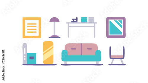 Illustration of a living room setup with couch, table, lamp, and other furniture elements neatly arranged