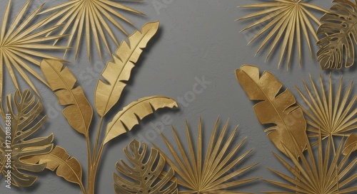 Gold tropical leaves mural on gray concrete — elegant 3D embossed wallpaper for contemporary interiors.