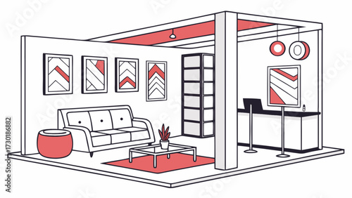 Interior design of a living room with a sofa, table, pictures and a counter with a laptop display