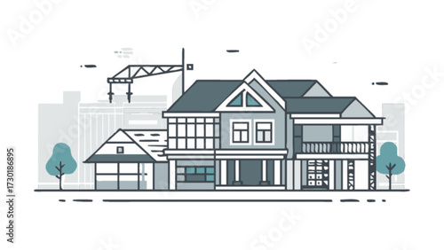 Illustration of a modern house with a crane in the background and trees on either side of the house