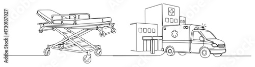 Hospital Emergency Scene with Ambulance and Stretcher One Line Art