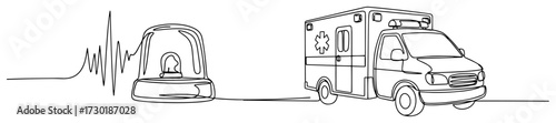 Single Continuous Line Drawing of an Ambulance and a Heartbeat Line