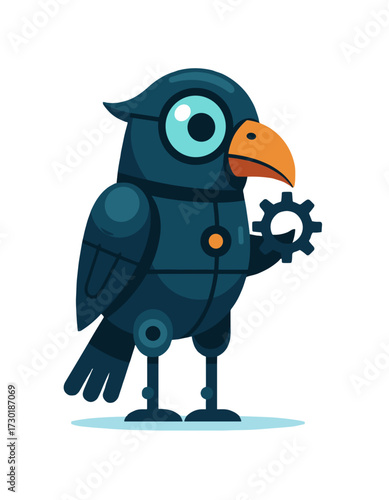 Cute Robot Raven Mascot Holding Gear Automation