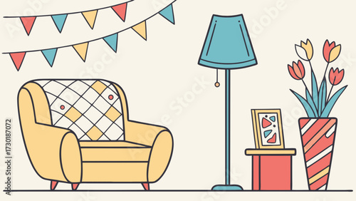 Cozy living room scene with armchair, floor lamp, flowers, picture frame and festive bunting decoration