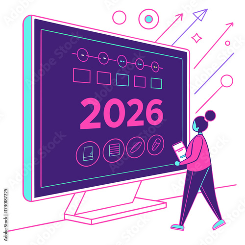 A woman looks at a large computer screen displaying the year 2026 and a calendar interface with icons representing tasks and goals symbolizing future planning and achievement
