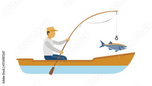 A man in a boat is fishing with a rod and reel and a fish is about to be caught on the hook line