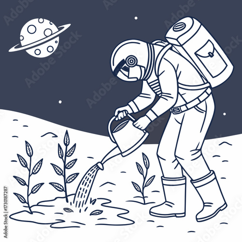 Astronaut watering plants on an alien planet with a ringed planet in the background symbolizing growth and exploration in space