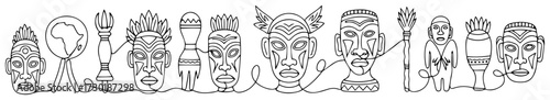 African Tribal Masks and Cultural Objects in One Continuous Line