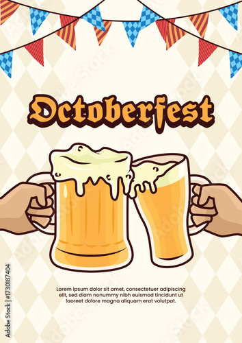 German Oktoberfest beer festival poster design. Vector illustration of a hand holding a glass of beer, colorful pennants, and a light yellow rhombus pattern.