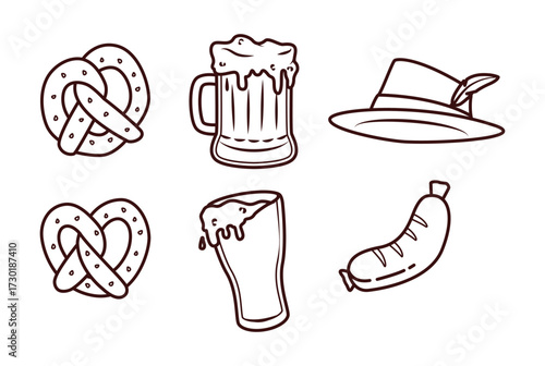 Oktoberfest line art elements design set. Vector design of bavarian hat, pretzel, sausage, beer glass.