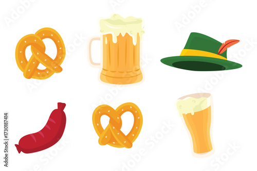 Oktoberfest flat design elements set. Vector design of bavarian hat, pretzel, sausage, beer glass.