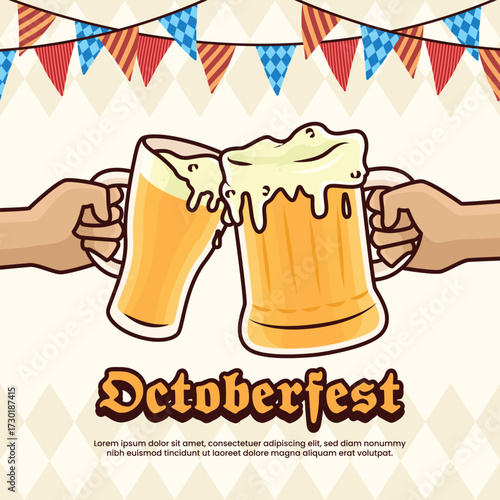 Oktoberfest beer festival design, square templete. Vector illustration of a hand holding a glass of beer, colorful pennants, and a light yellow rhombus pattern.