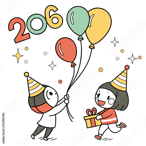 Cute cartoon characters celebrating a birthday or special event with balloons and a gift with the number 206 displayed prominently in a festive and joyful illustration
