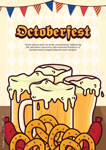 Oktoberfest beer festival poster design. Design with Pennants, glass of beer, Pretzel, Bratwurst. Light yellow rhombus pattern.