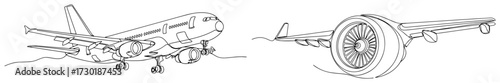 Commercial Airplane and Jet Engine in a Continuous Line Art Set