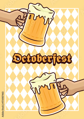 Oktoberfest German beer festival poster design. Design with a hand holding a glass of beer. Light yellow rhombus pattern