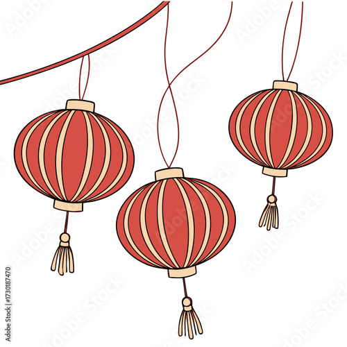 Decorative red and beige chinese lanterns with tassels hang from a branch symbolizing celebration and tradition in a simple charming illustration