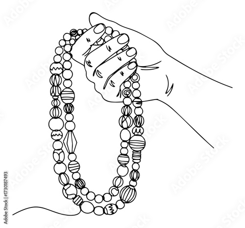 Hand Holding a String of Traditional Beads in a Single Line Art