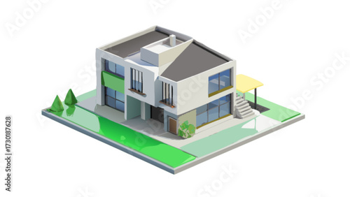 Isometric view of a modern two story house with green accents and a small carport structure visible