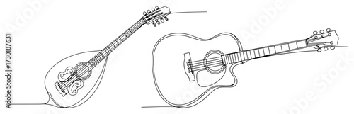 Acoustic Guitar and Bouzouki String Instruments in One Line Art
