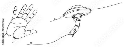 Continuous One Line Drawing of an Alien UFO Abduction