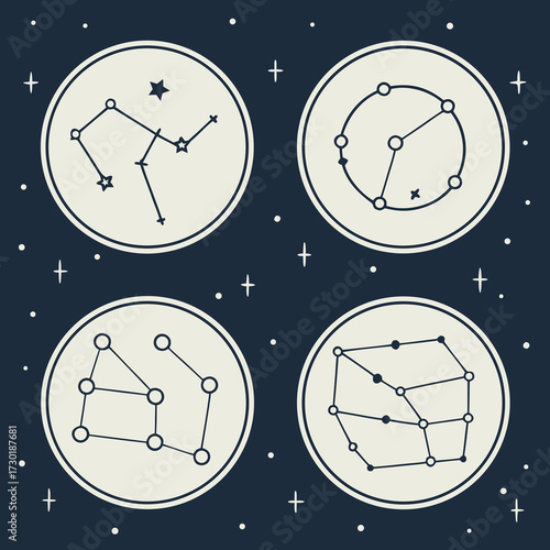 Four circular celestial diagrams depicting stylized constellations with connecting lines and stars against a dark blue starry night sky background creating a cosmic astronomical theme