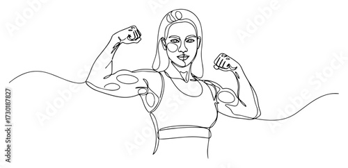 One Line Drawing of a Fit Woman Flexing Her Biceps Muscle