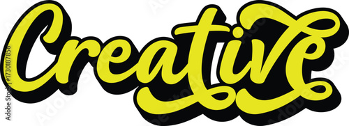 Creative retro groovy 3D script lettering with bold black shadow sticker