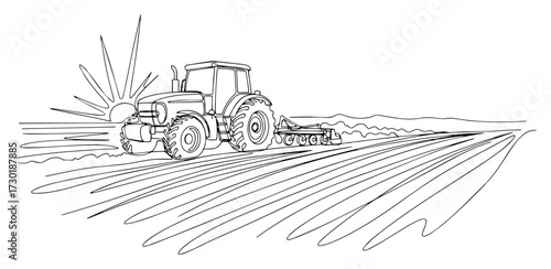 Continuous One Line Drawing of a Tractor Working in a Field at Sunrise