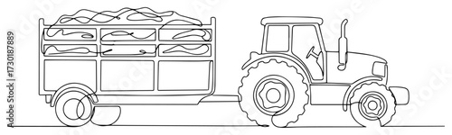 One Continuous Line Art of a Farm Tractor with a Trailer Full of Corn